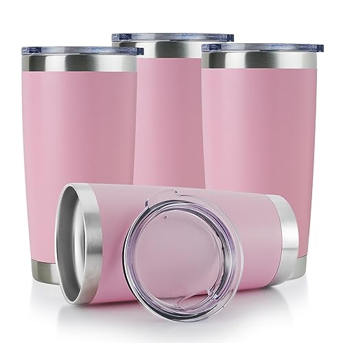 DOMICARE 20oz Stainless Steel Tumbler Bulk with Lid, Double Wall Vacuum Insulated Travel Mug, Powder Coated Coffee Cup, Pink, 4 Pack