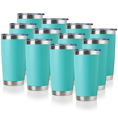 DOMICARE 20oz Stainless Steel Tumbler Bulk with Lid, Double Wall Vacuum Insulated Travel Mug, Powder Coated Coffee Cup, Light Blue, 12 Pack
