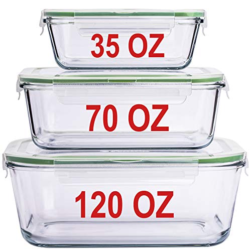 X-LARGE Glass Food Storage Containers with Lids Baking Dish Set Glass Storage Containers with Locking Lid Set 3-120 oz/70 oz/35 oz - Large Meal Prep Storing Serving Food Leakproof Ovensafe