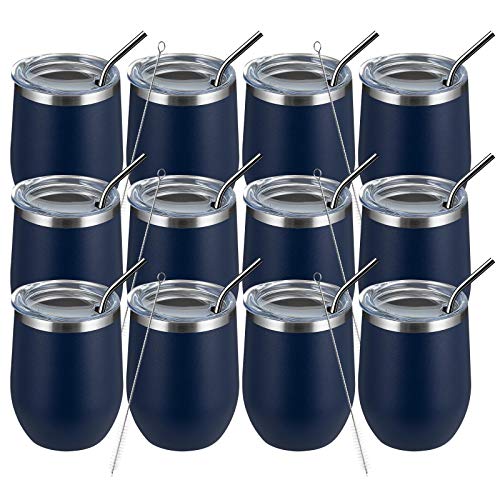 MEWAY 12oz/12 Pack Wine Tumbler Glasses with Lid -Double Wall Vacuum Stainless Steel Travel Tumbler Mug,Stemless Insulated Wine Cup for,Coffee,Cocktails,Gifts (Navy,Set of 12)