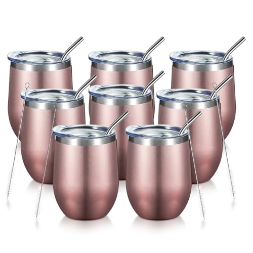 COMOOO Rose Gold Stainless Steel Wine Tumbler 12oz (8 Pack)