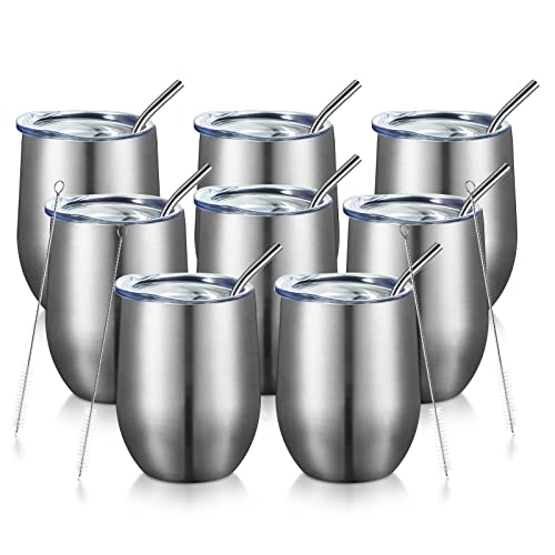 COMOOO 12oz Insulated Wine tumbler with Lid, Stainless Steel Stemless Wine Tumbler Glass,Double Wall Vacuum Wine Tumbler Cups with Straw Coffee, Cocktails,Beer,Champaign Silver, 8 Pack