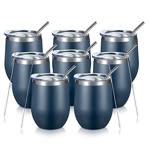 COMOOO 12oz Navy Stainless Steel Wine Tumbler (8 Pack)
