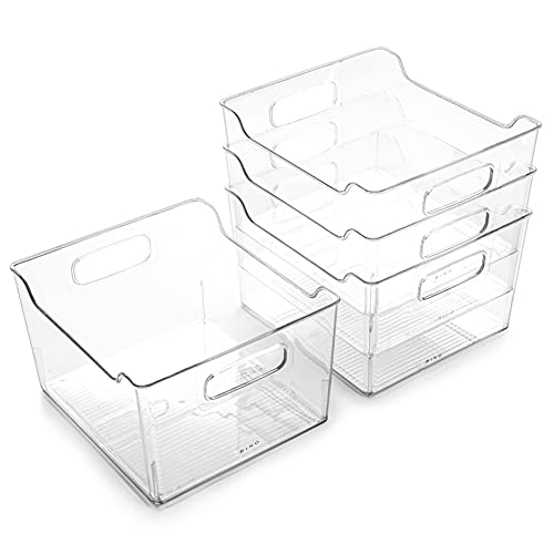 BINO | Plastic Storage Bins - 4 Pack | THE LODGE COLLECTION | Clear Storage | Containers for Organizing with Handles | Pantry Kitchen Organization | Fridge Organizer | Bathroom | Shelves Cabinet