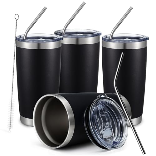 COMOOO 20oz Black Tumbler 4 Pack Stainless Steel Insulated Travel Mug with Lid and Straw Vacuum Double Wall Coffee Cup for Hot Beverage and Cold Drinks(Black, 4 Pack)