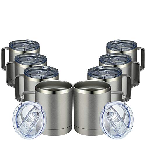MEWAY 12oz Coffee Mug With Handle 8 Pack Bulk,Stainless Steel Insulated Travel Tumblers With Sliding Lid,Double Wall Vacuum Camping Cup for Hot & Cold Drinks Tea (Cold Grey,Set of 8)