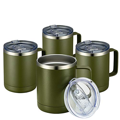 MEWAY 12oz Coffee Mug With Handle 4 Pack Bulk,Stainless Steel Insulated Travel Tumblers With Sliding Lid,Double Wall Vacuum Camping Cup for Hot & Cold Drinks Tea (Army Green,Set of 4)