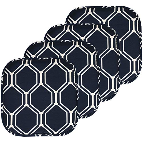 Sweet Home Collection Chair Cushion Memory Foam Pads Honeycomb Pattern Slip Non Skid Rubber Back Rounded Square 16" x 16" Seat Cover, 4 Pack, Mirage Navy/White