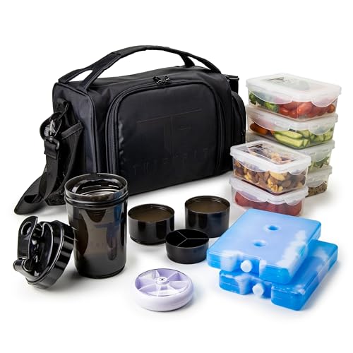 ThinkFit Insulated Meal Prep Lunch Box with 6 BPA-Free, Reusable, Microwavable, Freezer Safe Food Portion-Control Containers, Shaker Cup, Pill Organizer, Lunch Bag with Storage Pocket - (Black)