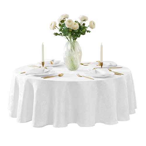 Newbridge Barcelona Luxury Damask Fabric Tablecloth, 108 Round, White, 100% Polyester, No Iron, Soil Resistant Dining Room, Party and Banquet Table Cover