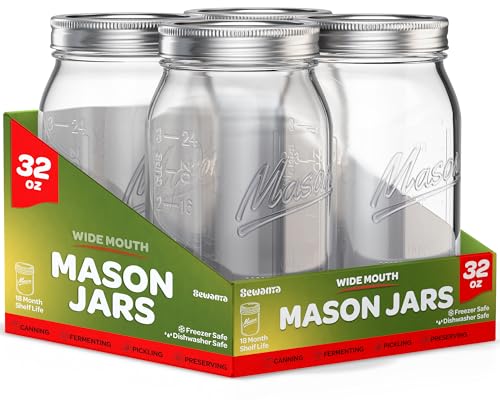 Wide Mouth Mason Jars 32 oz [6 Pack] With Mason Jar Lids and Bands, Mason Jars 32 oz - For Canning, Fermenting, Pickling - Jar Decor - Microwave/Freeze/Dishwasher Safe.