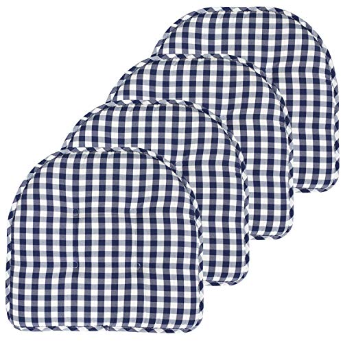 Sweet Home Collection Chair Cushion Memory Foam Pads Tufted Slip Non Skid Rubber Back U-Shaped 17" x 16" Seat Cover, 4 Count (Pack of 1), Checkered Navy/White