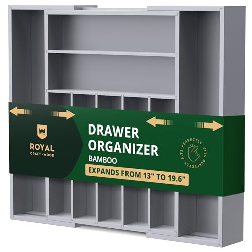 Luxury Bamboo Kitchen Drawer Organizer - Silverware Organizer - Utensil Holder and Cutlery Tray with Grooved Drawer Dividers for Flatware and Kitchen Utensils (9 Slot, Gray)