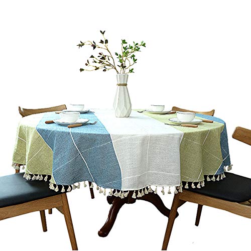 Dimatic Heavy Weight Cotton Linen Tablecloth, Plaid Tassel Round Table Cover for Kitchen Dining Room Tabletop Decorations, Round - 78", Blue Green