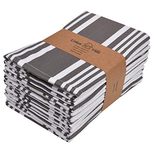 Urban Villa Cloth Napkins Trendy Stripes 100% Cotton Absorbent Dinner Napkins (Set of 12) 20x20 Inches Grey White Soft Durable Washable