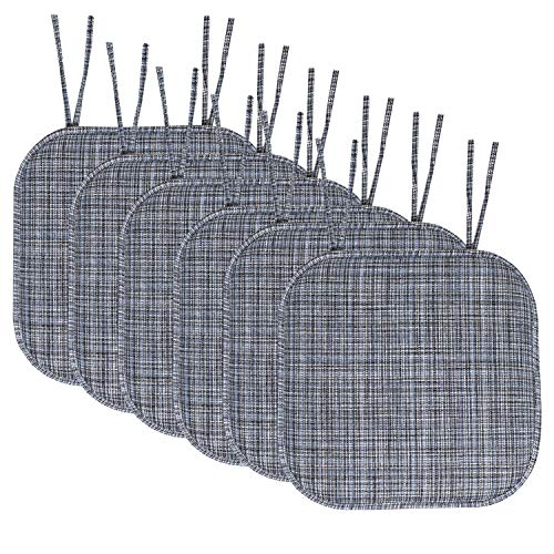 Sweet Home Collection Chair Cushion Memory Foam Pads with Ties Honeycomb Pattern Slip Non Skid Rubber Back Rounded Square 16" x 16" Seat Cover, 6 Pack,Aria Blue/Black