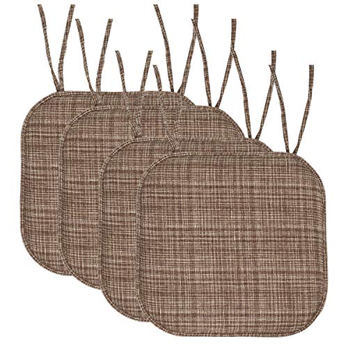 Sweet Home Collection Chair Cushion Memory Foam Pads with Ties Honeycomb Pattern Slip Non Skid Rubber Back Rounded Square 16" x 16" Seat Cover, 4 Pack, Aria Dark Brown