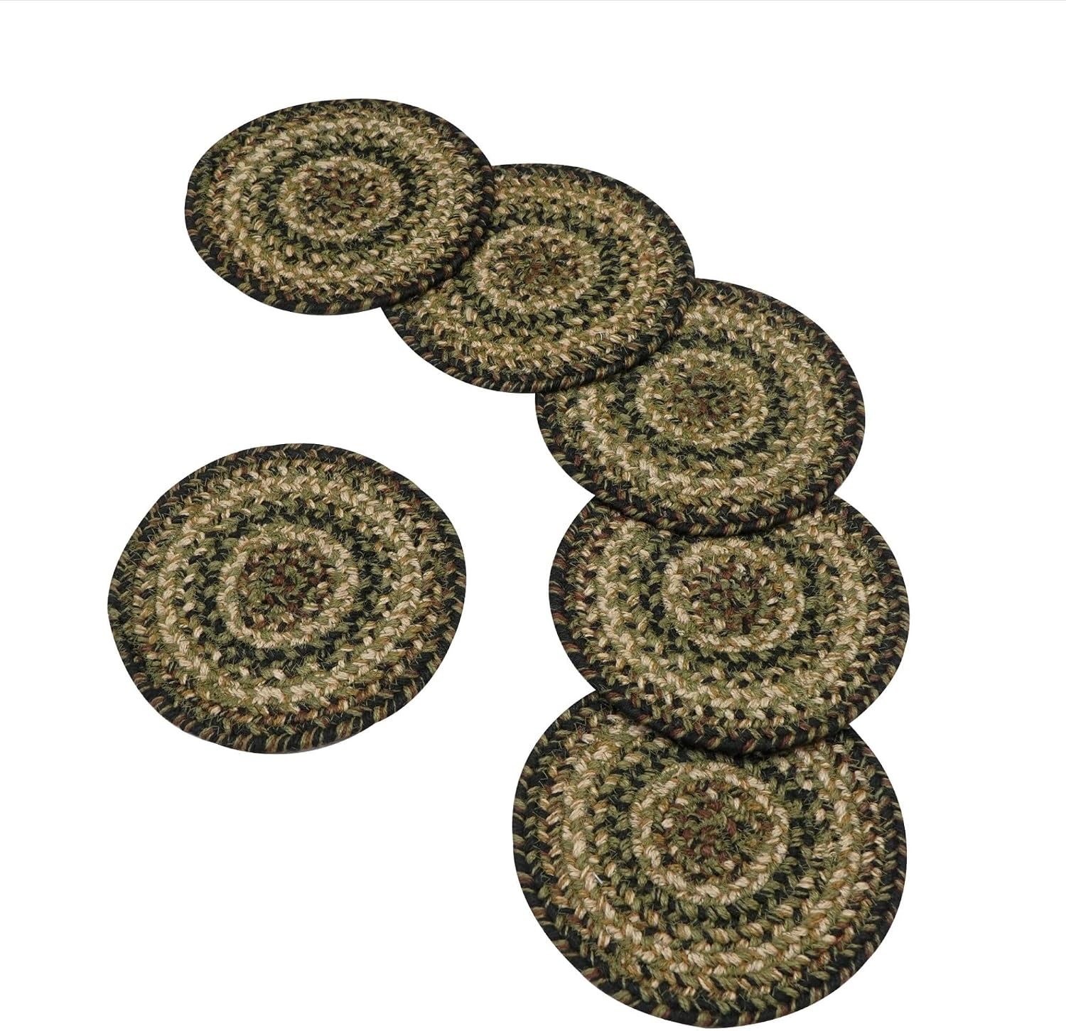 Pinecone Jute Braided Kitchen Trivets for Hot Dishes, Warm Country Rustic Decor, Set of 6, Green 8" Round Heat Resistant Mat - Rich Colors, Easy to Clean, Durable and Protects Furniture