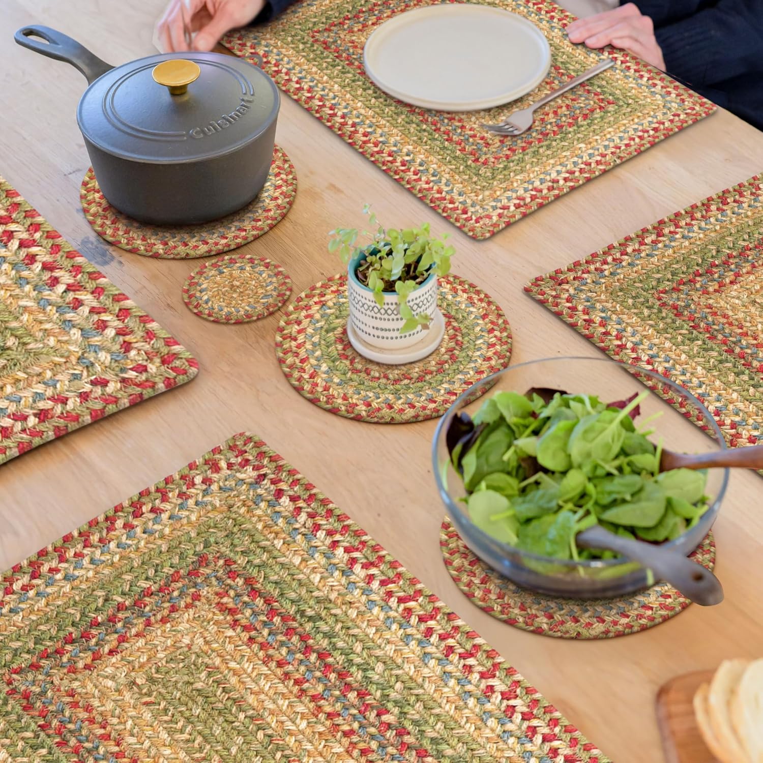 Azalea Jute Braided Kitchen Trivets for Hot Dishes, Warm Country Primitive Decor, Set of 6, Multicolor 8" Round Heat Resistant Mat - Rich Colors, Easy to Clean, Durable and Protects Furniture