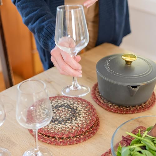 Chester Jute Braided Kitchen Trivets for Hot Dishes, Warm Cabin and Lodge Decor, Set of 6, Red 8" Round Heat Resistant Mat - Rich Colors, Easy to Clean, Durable and Protects Furniture