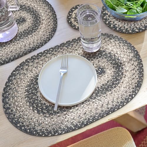 Homespice Flint Hill Jute Braided Oval Placemats, Warm Primitive Decor, Set of 6, 13x19 Grey Table Mats - Vibrant Colors, Durable, Easy to Clean and Protects Furniture