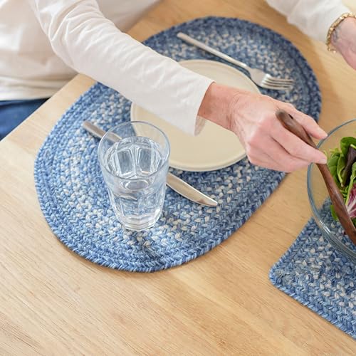 Homespice Denim Jute Braided Oval Placemats, Country Coastal Decor, Set of 6, 13x19 Blue Table Mats - Vibrant Colors, Durable, Easy to Clean and Protects Furniture