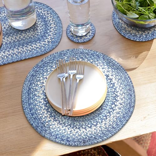 Denim Jute Woven Round Placemats Set of 6, 15", Country Coastal Decor, Blue Table Mats - Vibrant Colors, Durable, Easy to Clean and Protects Furniture