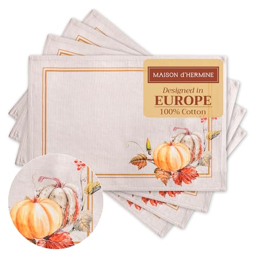 Maison d' Hermine Placemats Set of 4 100% Cotton Washable Cloth Place Mats, Reusable Table Mats for Kitchen Dining Decoration, Party, Wedding, Restaurant (Potiron, 13" x 19")