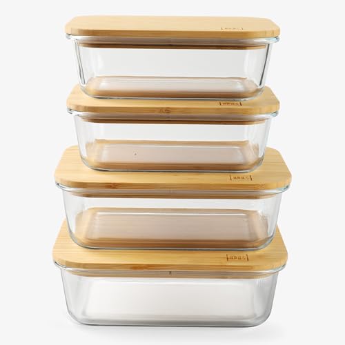 DE Glass Food Storage Containers with Bamboo Lids (4, Pack 2 x 35oz & 2 x 51oz) Meal Prep Glass Container Microwave Safe BPA Free Bento Lunch Box Airtight Plastic Free Glass Container with Lid