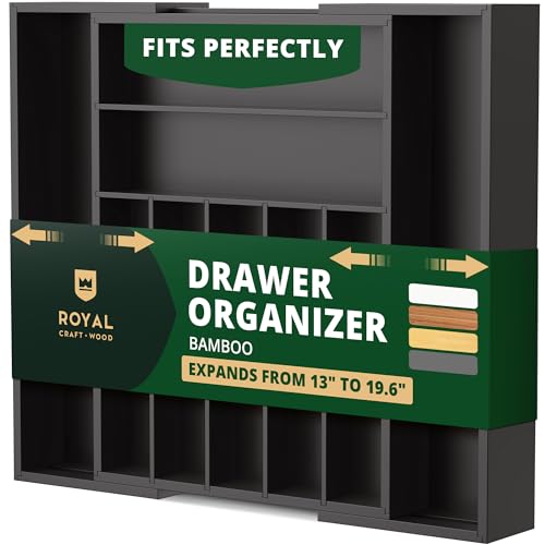 ROYAL CRAFT WOOD Luxury Bamboo Kitchen Drawer Organizer - Silverware Organizer - Utensil Holder and Cutlery Tray with Grooved Drawer Dividers for Flatware and Kitchen Utensils (9 Slot, Black)