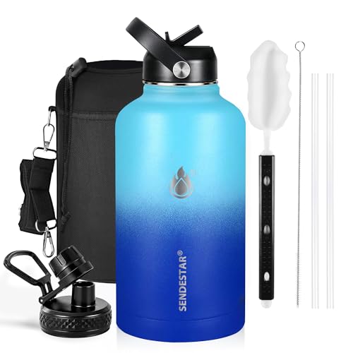 SENDESTAR Water Bottle 64oz Double Wall Vacuum Insulated Leak Proof Stainless Steel Sports Water BottleWide Mouth with New Flex Straw Lid & Spout Lid (Mint&Cobalt)