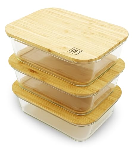 DE Plastic-Free Glass Storage Containers (3-Pack, 51oz) with Bamboo Lids Eco-Friendly, Airtight, Reusable Oven, Microwave & Dishwasher Safe BPA-Free & Sustainable.