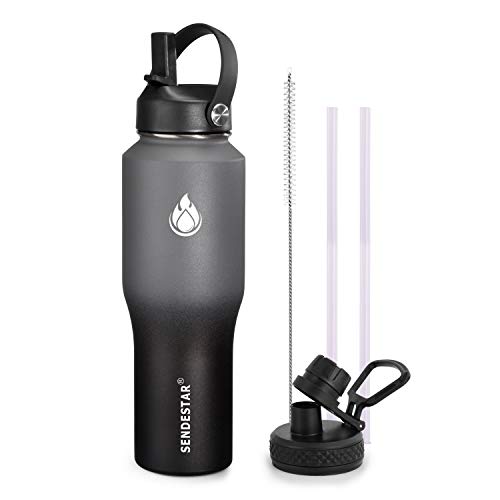 SENDESTAR Water Bottle 32oz,2 Lids(Straw lid),Wide Mouth Stainless Steel Vacuum Insulated Double Wall Keep Liquids Cold or Hot All Day,Sweat Proof Sport Design,Fit Car Cup Holder(Gray&Black)