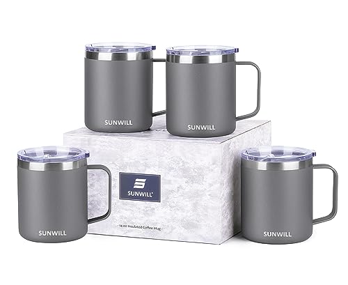 SUNWILL Travel Coffee Mugs Set of 4, Insulated Tumbler with Lid, 14oz Stainless Steel Cup with Handle Bulk for Gift, Camping, Office, Powder Coated Cool Grey