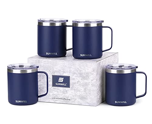 SUNWILL Travel Coffee Mugs Set of 4, Insulated Tumbler with Lid, 14oz Stainless Steel Cup with Handle Bulk for Gift, Camping, Office, Powder Coated Navy Blue
