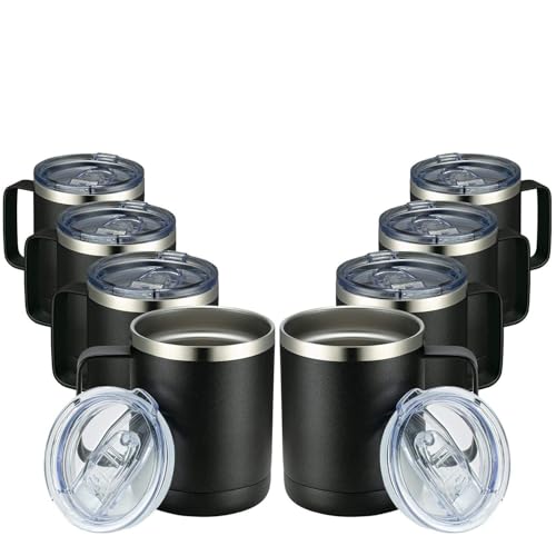 MEWAY 12oz Coffee Mug With Handle 8 Pack Bulk,Stainless Steel Insulated Travel Tumblers With Sliding Lid,Double Wall Vacuum Camping Cup for Hot & Cold Drinks Tea (Black, 8)