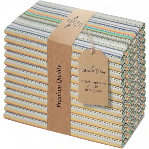 Urban Villa Cloth Napkins Set of 12 20x20 Inches 100% Cotton Napkins Cloth Washable Durable Reusable Absorbent Table Dinner Napkins Cloth for Hotel Lunch Restaurant Weddings Parties  Beige Stripes