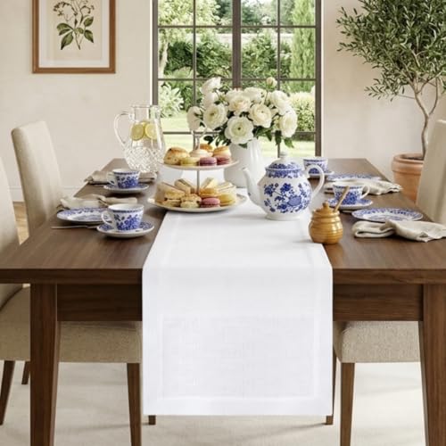 D'Moksha Homes Linen Table Runner 14 x 108 Inch - 100% Pure Linen White Table Runner - Machine Washable Farmhouse Table Runner for Easter