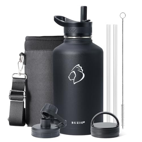 BUZIO 64 oz Water Bottle Insulated with Straw & 3 lid and Carrying Pouch, Leak Proof Half Gallon Stainless Steel Water Flask Jug, Cold for 48 Hrs Double Vacuum Thermo Canteen, BPA-Free, Black