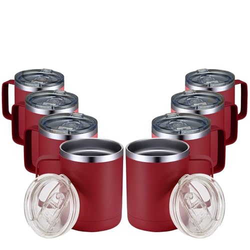 MEWAY 12oz Coffee Mug With Handle 8 Pack Bulk,Stainless Steel Insulated Travel Tumblers With Sliding Lid,Double Wall Vacuum Camping Cup for Hot & Cold Drinks Tea (Red,Set of 8)