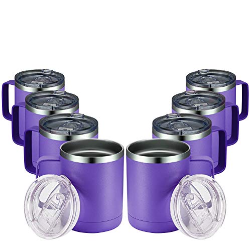 MEWAY 12oz Coffee Mug With Handle 8 Pack Bulk,Stainless Steel Insulated Travel Tumblers With Sliding Lid,Double Wall Vacuum Camping Cup for Hot & Cold Drinks Tea (Purple,Set of 8)