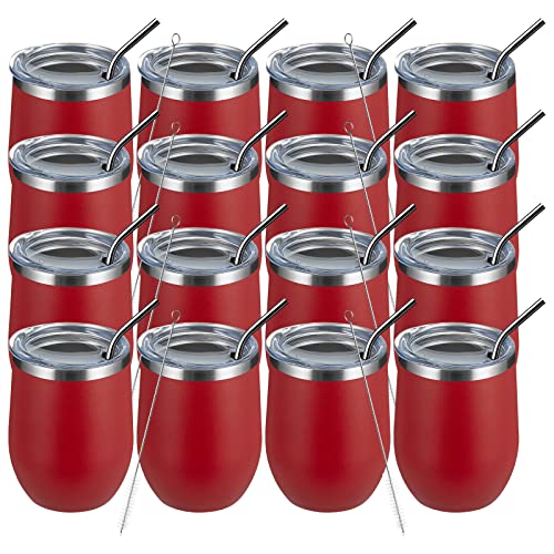 MEWAY 12oz Wine Tumbler 16 Pack Bulk Gifts for Women,Double Wall Vacuum Stainless Steel Travel Mug with Lid,Insulated Stemless Wine Cup Glass for Coffee,Cocktails,Drinks(Red,Set of 16)