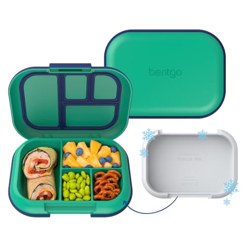 Bentgo Chill Kids Leak-Proof Lunch Box - 4-Compartment Bento Box with Built-In Ice Pack, 3.3 Cup Capacity, PFAS & BPA-Free, Microwave & Dishwasher Safe, Ideal Size for Ages 3 to 7 (Green/Navy)