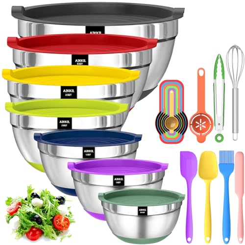 Bowls with Airtight Lids, 20 piece Stainless Steel Metal Nesting Bowls, Non-Slip Colorful Silicone Bottom, Size 7, 3.5, 2.5, 2.0,1.5, 1,0.67QT, Great for Mixing, Baking, Serving