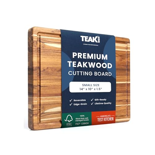 Teakhaus Cutting Board - Small (S) Wood Cutting Board with Juice Groove and Grip Handles - 14L x 10W - Thin, Lightweight, Reversible Teak Edge Grain Wood - Knife Friendly - FSC Certified