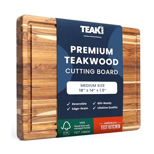 Teakhaus Cutting Board - Medium (M) Wood Cutting Board with Juice Groove and Grip Handles - 18L x 14W - Thin, Lightweight, Reversible Teak Edge Grain Wood - Knife Friendly - FSC Certified