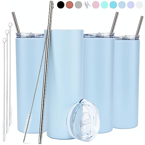 STRATA CUPS Skinny Tumblers with Lids and Straws (4 Pack) | 20 oz Double Wall Insulated Light Blue Slim Stainless Steel Tumblers with Straw Cleaner | Reusable Travel Mug for Hot and Cold Beverages