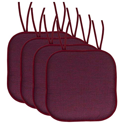 Sweet Home Collection Chair Cushion Memory Foam Pads with Ties Honeycomb Pattern Slip Non Skid Rubber Back Rounded Square 16" x 16" Seat Cover, 4 Pack, Cameron Wine