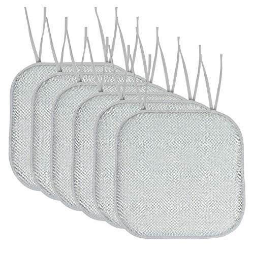 Sweet Home Collection Chair Cushion Memory Foam Pads with Ties Honeycomb Pattern Slip Non Skid Rubber Back Rounded Square 16" x 16" Seat Cover, 6 Pack, Cameron White Sage Blue