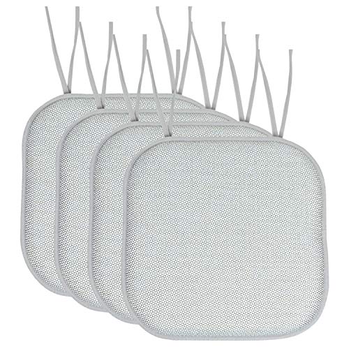 Sweet Home Collection Chair Cushion Memory Foam Pads with Ties Honeycomb Pattern Slip Non Skid Rubber Back Rounded Square 16" x 16" Seat Cover, 4 Pack, Cameron White Sage Blue
